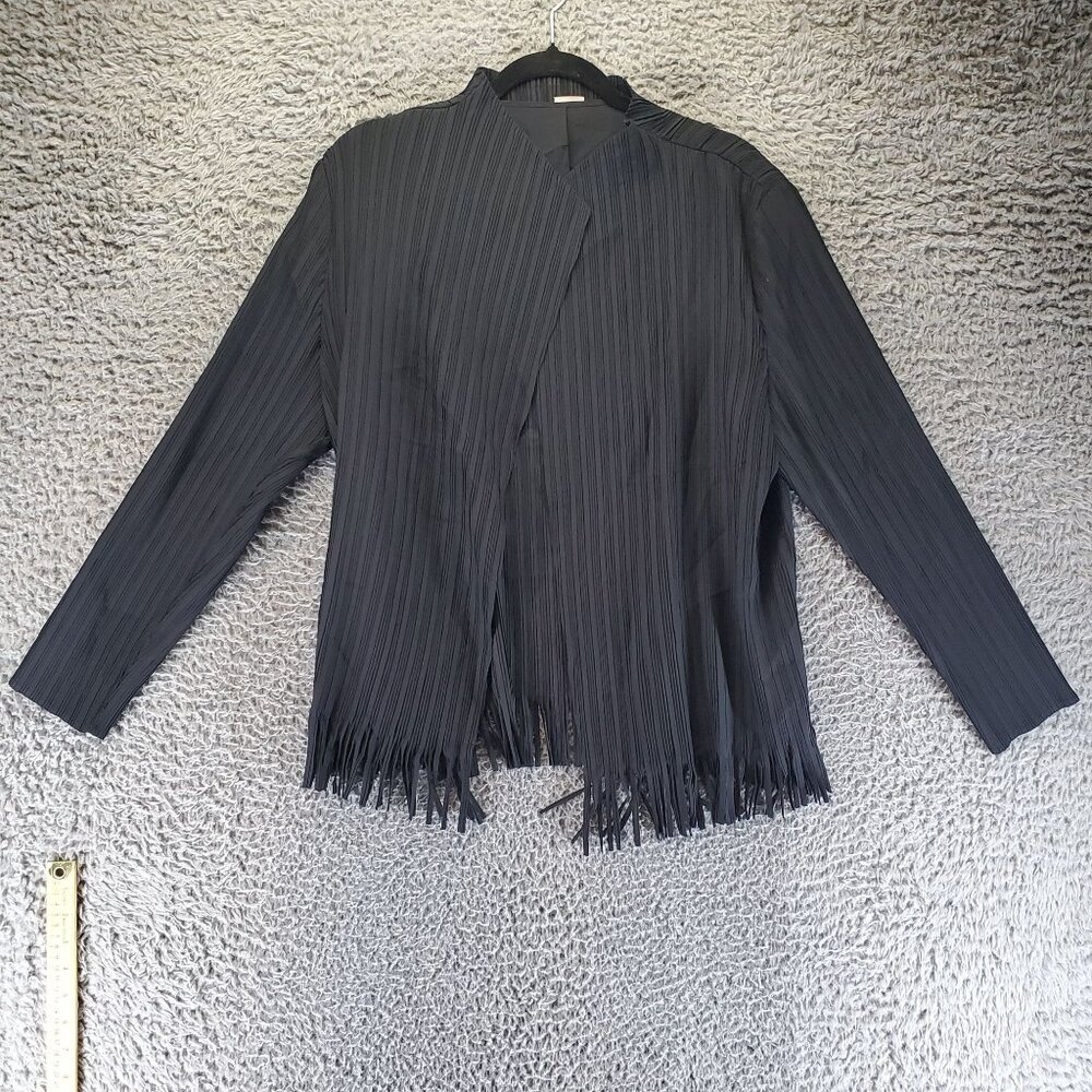 Chicos Jacket Womens Size 3 US 16/18 Black Fringe Pleated Travelers Open Front